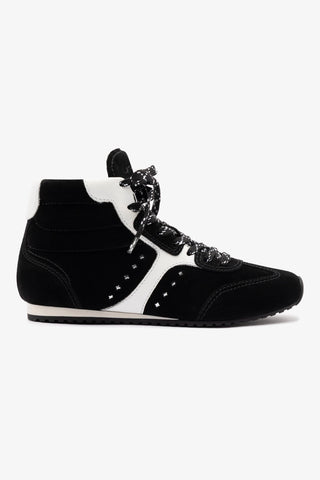 Tênis Stella Mid Cano Médio Camurça Preto e Couro Branco
