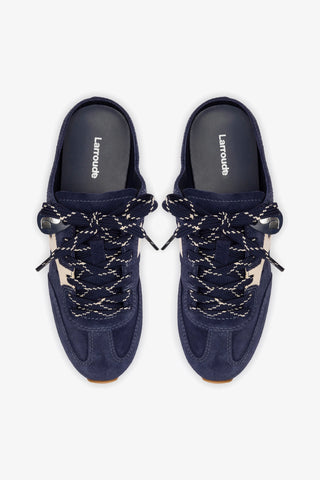 Mule Stella Camurça Azul e Couro Off White Sneaker Larroudé