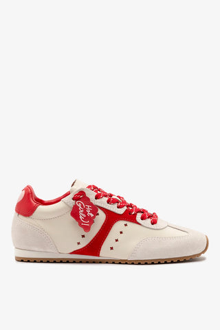 Tênis Stella Amore Couro Off White e Camurça Vermelho