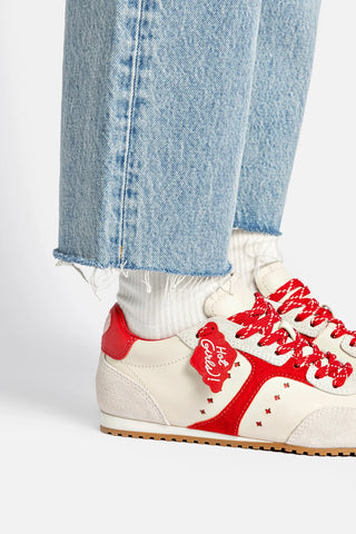 Tênis Stella Amore Couro Off White e Camurça Vermelho