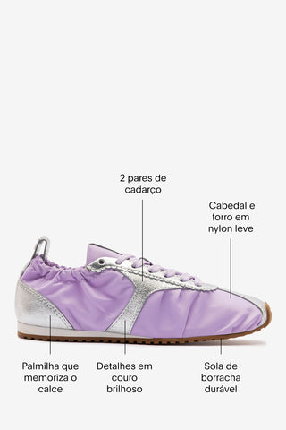 Sapatilha Devon Camurça Cinza, Nylon Lilás e Couro Prateado Ballerina Larroudé