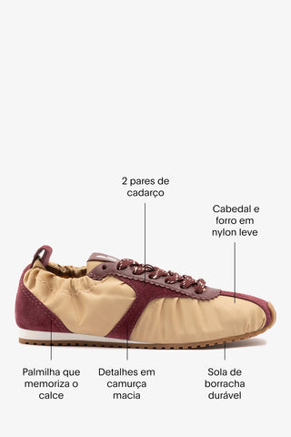 Tênis Stella Lite Nylon Caramelo e Camurça Bordô Sneaker Larroudé