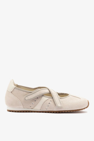 Flat Stella Ballerina Camurça Cinza e Couro Off White Womens - Shoes - Flats Larroudé