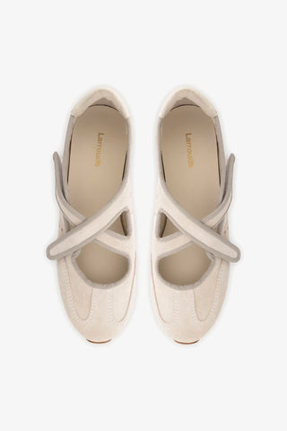 Flat Stella Ballerina Camurça Cinza e Couro Off White Ballerina Larroudé