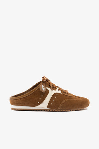 Mule Stella Camurça Marrom e Couro Off White