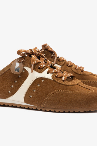 Mule Stella Camurça Marrom e Couro Off White