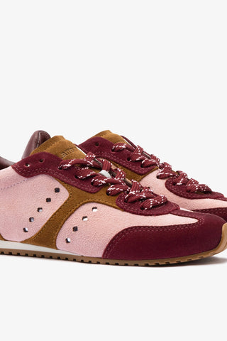Tênis Stella Camurça Rosa e Vinho e Couro Prateado Sneaker Larroudé
