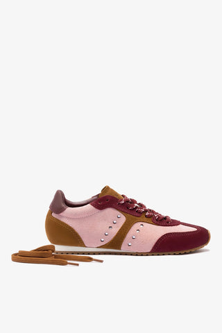 Tênis Stella Camurça Rosa e Vinho e Couro Prateado Sneaker Larroudé