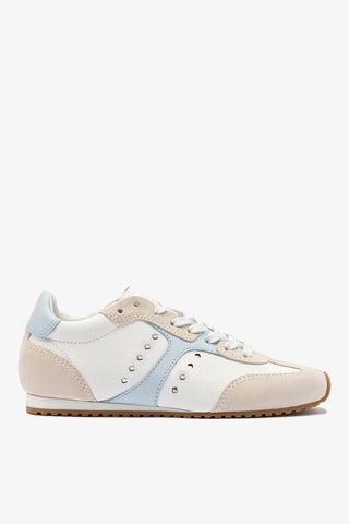 Tênis Stella Camurça Cinza e Couro Branco e Azul Sneaker Larroudé