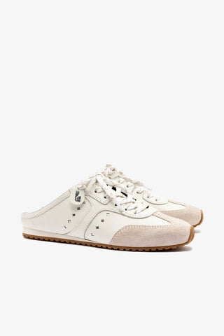 Mule Stella Couro Branco e Camurça Cinza