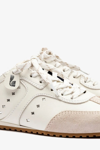 Mule Stella Couro Branco e Camurça Cinza