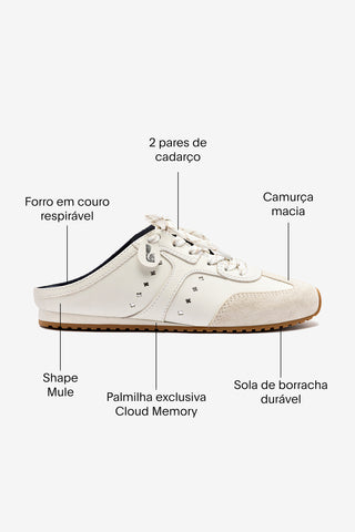 Mule Stella Couro Branco e Camurça Cinza