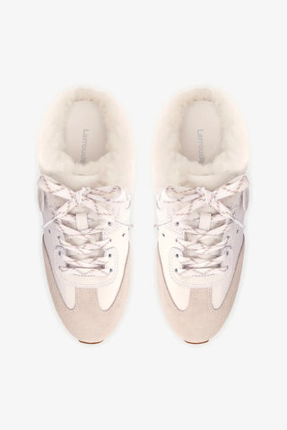 Mule Tênis Stella Couro Branco Camurça Cinza e Lã Branco