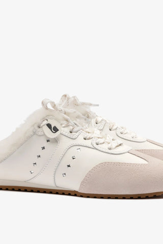Mule Tênis Stella Couro Branco Camurça Cinza e Lã Branco