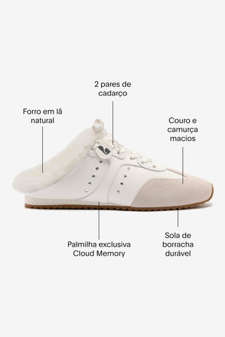 Mule Tênis Stella Couro Branco Camurça Cinza e Lã Branco