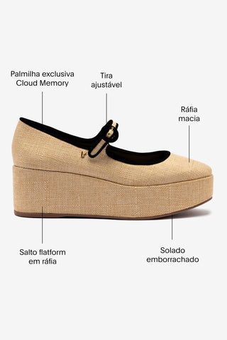 Flatform Blair Ráfia Bege e Camurça Preto