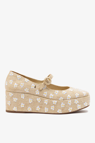 Flatform Blair Linho Natural e Bordado Floral