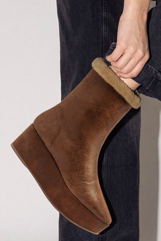 Bota Flatform Dani Couro e Lã Marrom