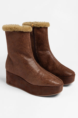 Bota Flatform Dani Couro e Lã Marrom