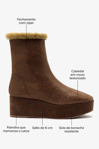 Bota Flatform Dani Couro e Lã Marrom
