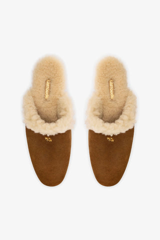 Mule Flatform Dani Camurça Marrom e Lã Natural