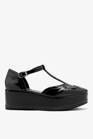 Sandália Flatform Luna Couro Verniz Preto Sandal Larroudé