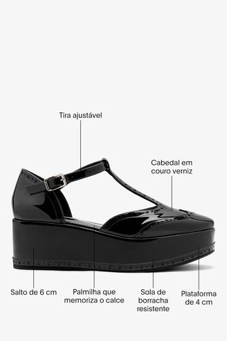 Sandália Flatform Luna Couro Verniz Preto Sandal Larroudé