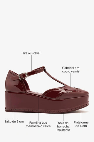 Sandália Flatform Luna Couro Verniz Bordô Sandal Larroudé