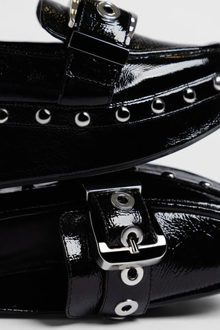 Mocassim Flatform Stewart Couro Verniz Preto Flatform Larroudé