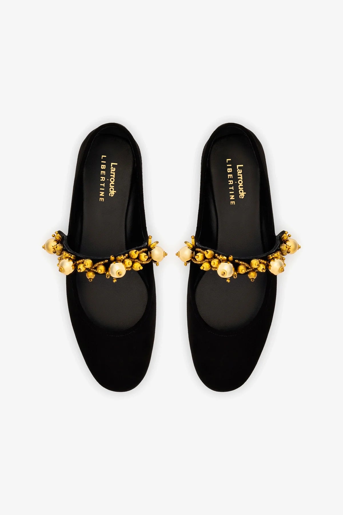 Larroudé x Libertine Verona In Black Suede and Golden Balls