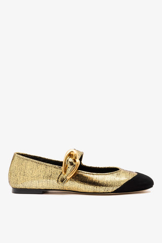 Sapatilha Verona Duo Couro Dourado e Camurça Preto Flat Larroudé
