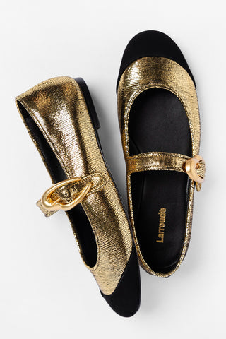Sapatilha Verona Duo Couro Dourado e Camurça Preto Flat Larroudé