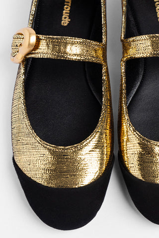 Sapatilha Verona Duo Couro Dourado e Camurça Preto Flat Larroudé