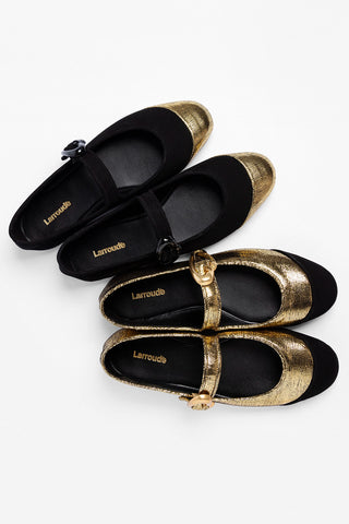 Sapatilha Verona Duo Couro Dourado e Camurça Preto Flat Larroudé