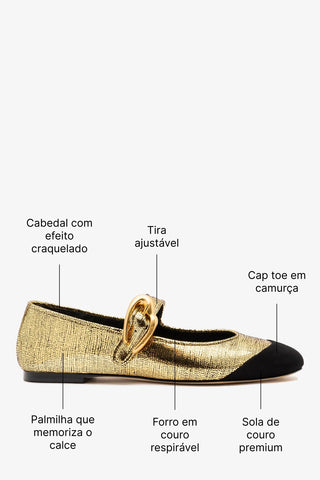 Sapatilha Verona Duo Couro Dourado e Camurça Preto Flat Larroudé
