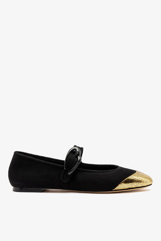 Sapatilha Verona Duo Camurça Preto e Couro Dourado Flat Larroudé