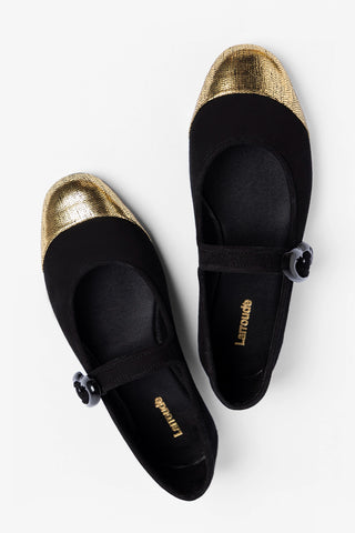 Sapatilha Verona Duo Camurça Preto e Couro Dourado Flat Larroudé