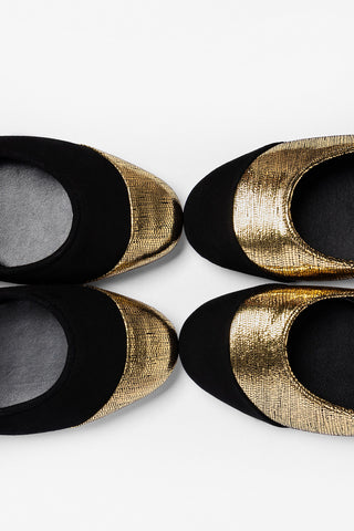 Sapatilha Verona Duo Camurça Preto e Couro Dourado Flat Larroudé