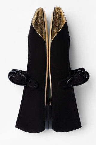 Sapatilha Verona Duo Camurça Preto e Couro Dourado Flat Larroudé