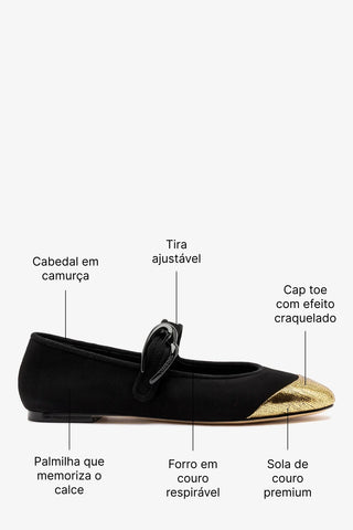 Sapatilha Verona Duo Camurça Preto e Couro Dourado Flat Larroudé