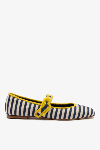 Sapatilha Verona Lona Listrada Azul Off White e Amarelo Ballerina Larroudé