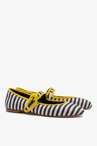 Sapatilha Verona Lona Listrada Azul Off White e Amarelo Ballerina Larroudé