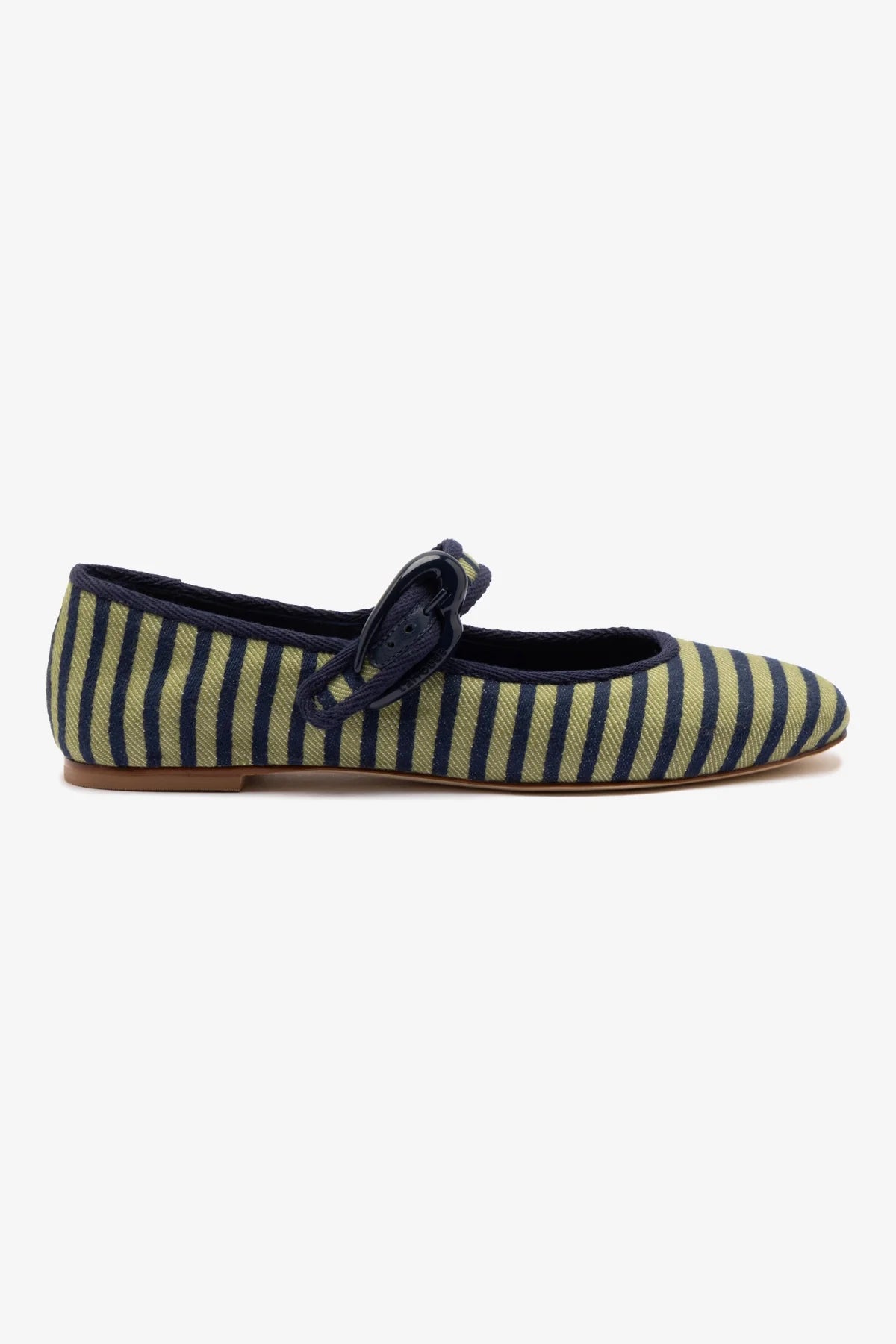 Verona Ballet Flat In Navy and Green Striped Fabric and Navy Trimming