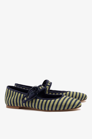Sapatilha Verona Lona Listrada Verde e Azul Ballerina Larroudé