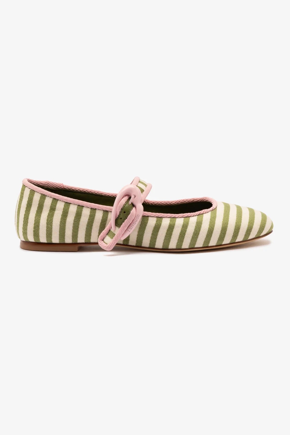 Verona Ballet Flat In Seaweed and Natural Striped Fabric and Tulip Trimming