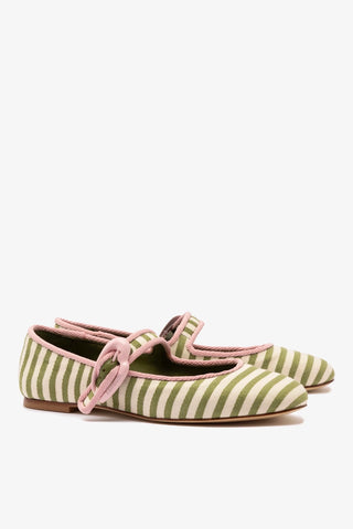 Sapatilha Verona Lona Listrada Verde Bege e Rosa Ballerina Larroudé