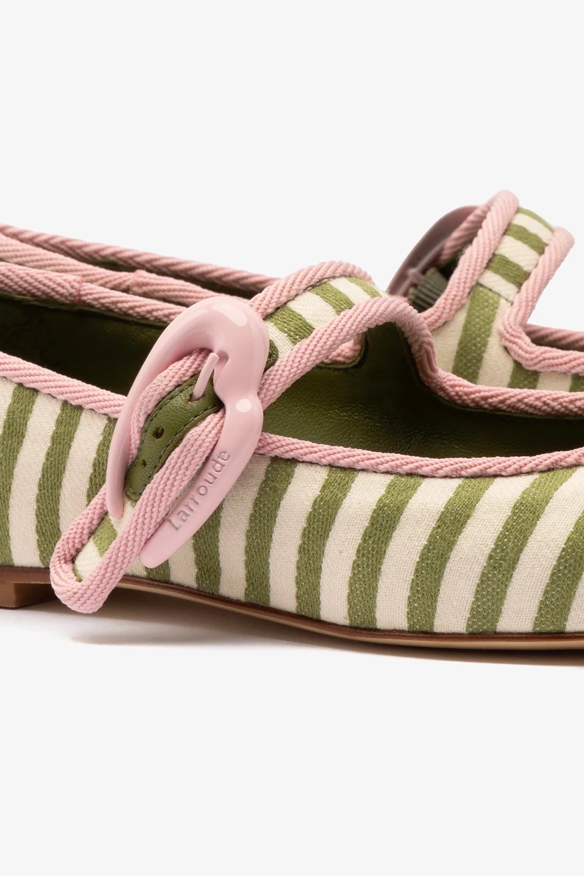 Verona Ballet Flat In Seaweed and Natural Striped Fabric and Tulip Trimming