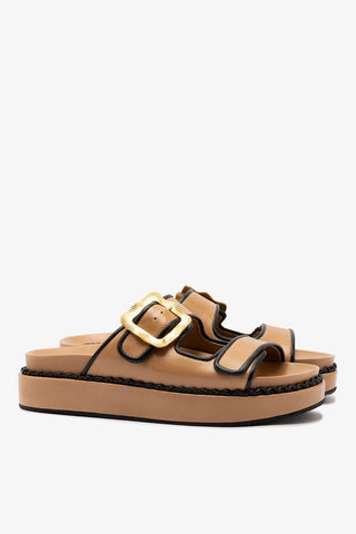 Flat Maui Couro Caramelo e Couro Preto Womens - Shoes - Slides Larroudé