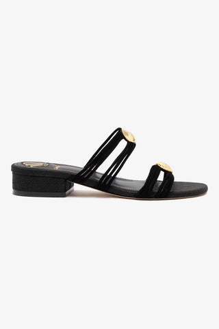 Shelly Flat Mule In Black Suede and Black Raffia