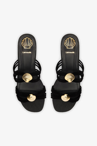 Shelly Flat Mule In Black Suede and Black Raffia